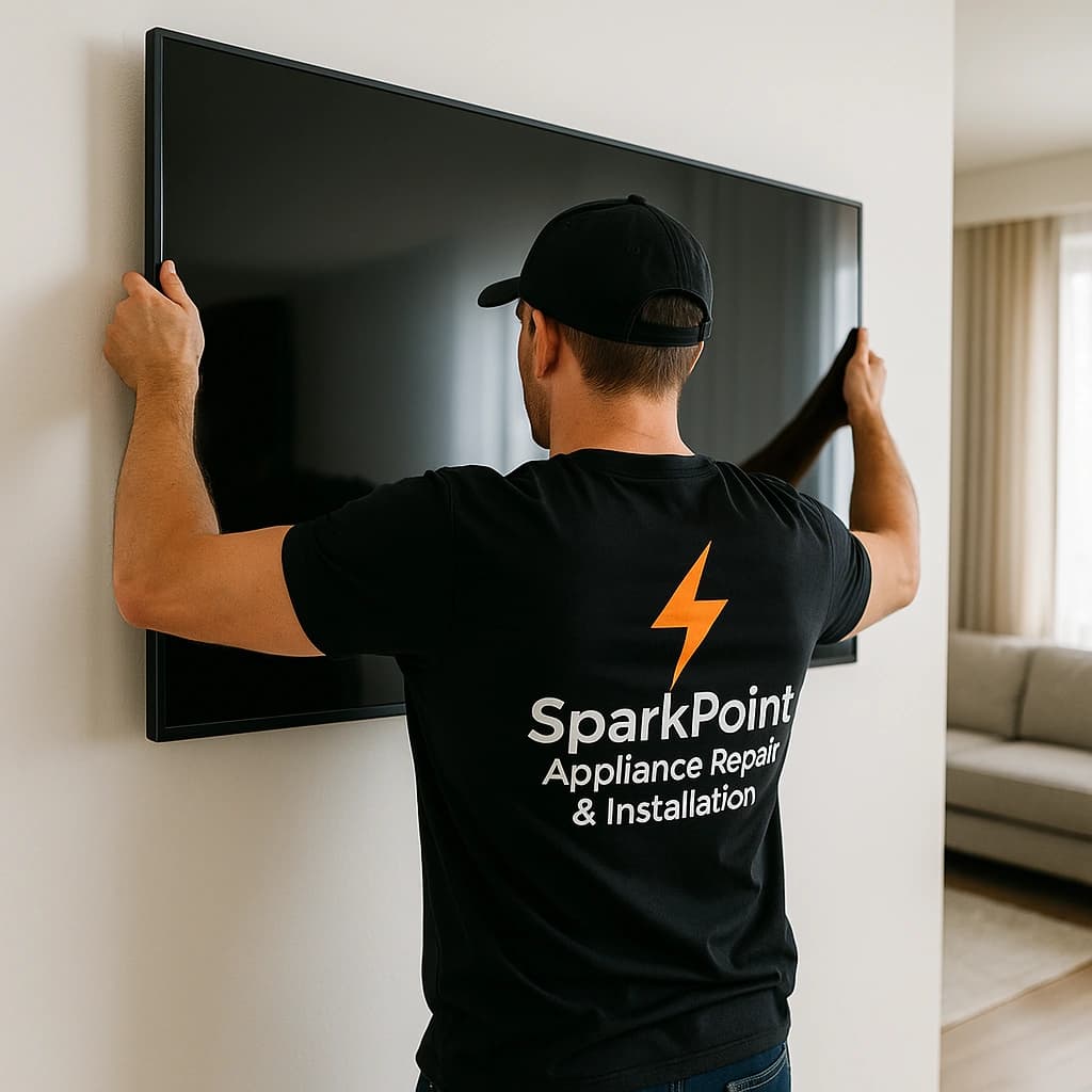 SparkPoint technician mounting flat-screen TV on wall in modern NYC living room