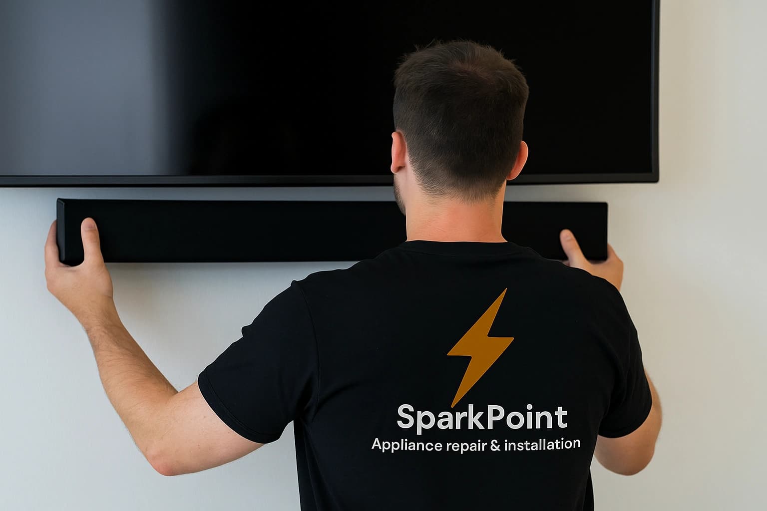 SparkPoint technician installing soundbar below wall-mounted TV for complete home theater setup