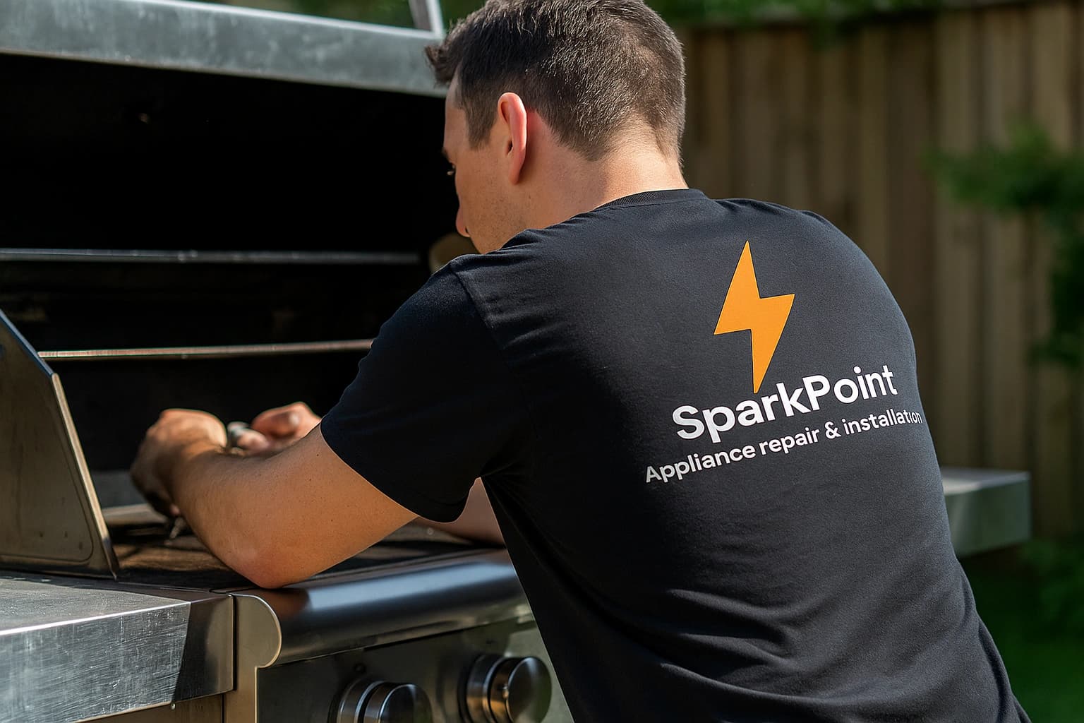 SparkPoint technician performing maintenance and repair on stainless steel outdoor barbecue grill