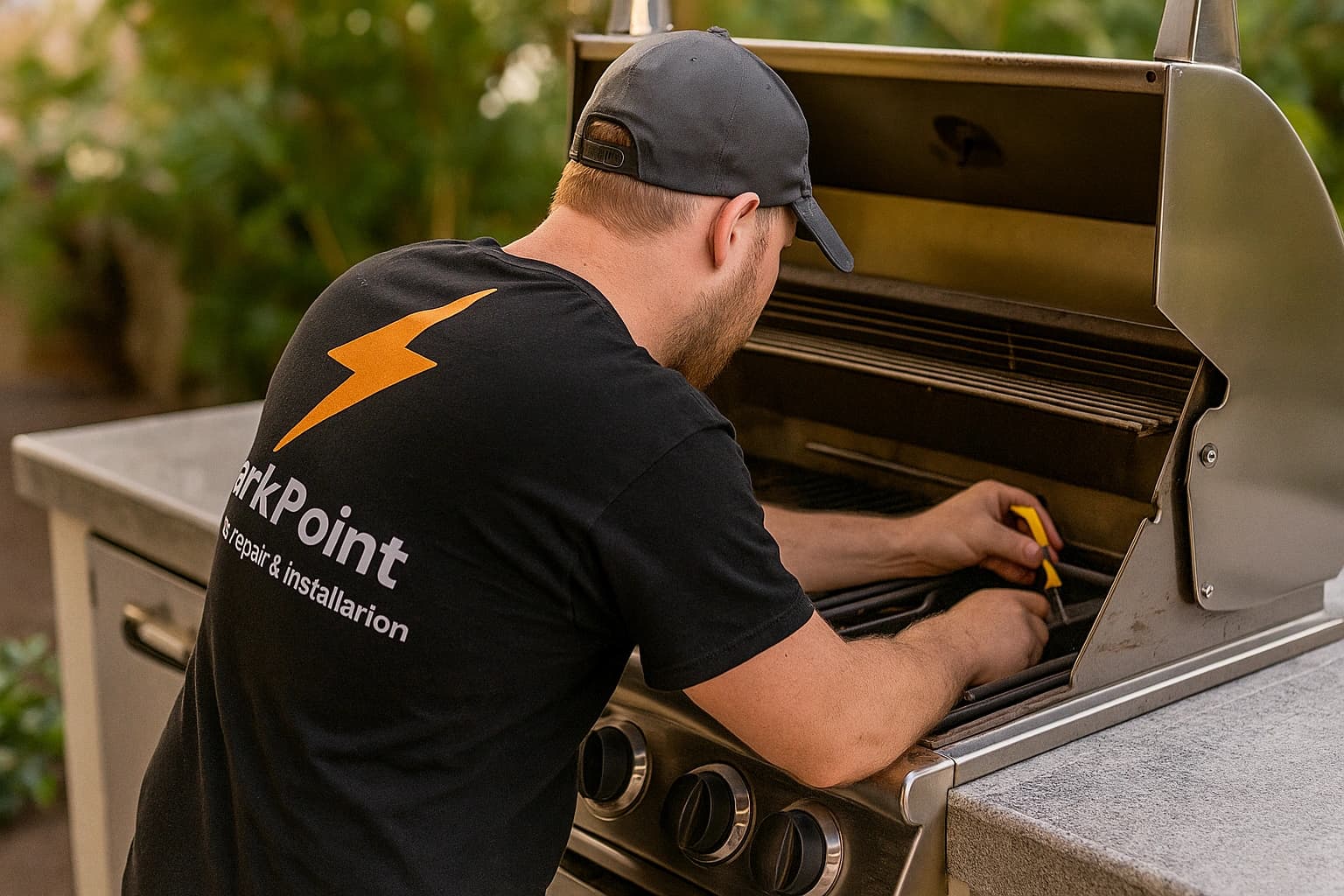 Professional technician repairing built-in stainless steel outdoor grill with precision tools