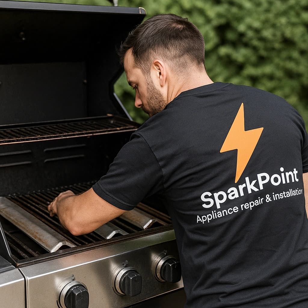 SparkPoint technician inspecting and repairing outdoor gas grill burners and grates