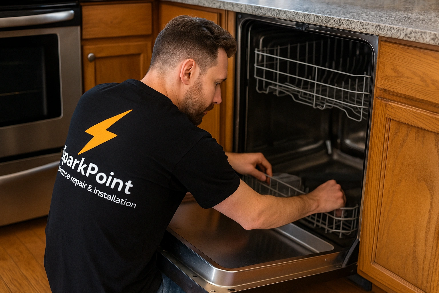 SparkPoint technician installing dishwasher in Brooklyn kitchen