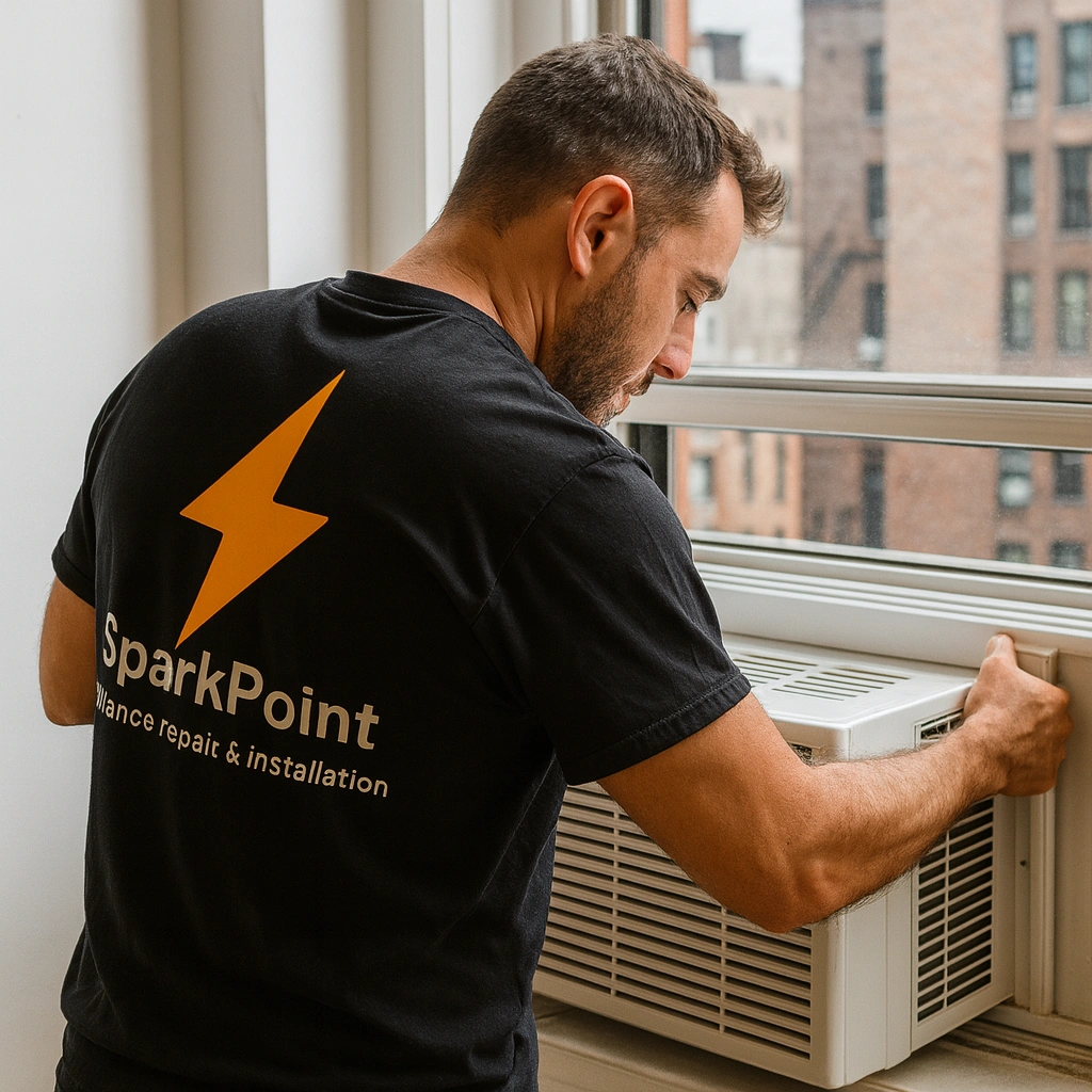 Professional window AC installation by SparkPoint technician in Brooklyn apartment