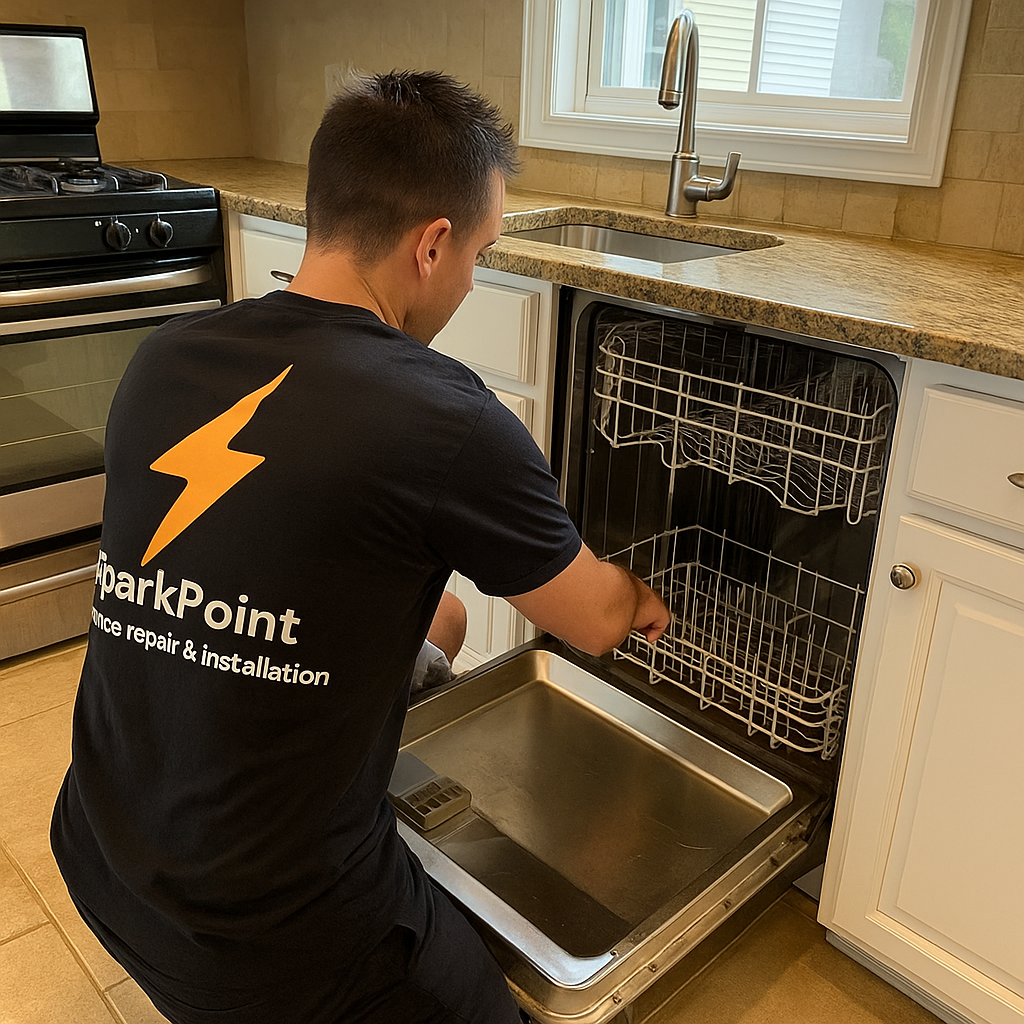 SparkPoint technician in branded uniform servicing dishwasher in NYC kitchen