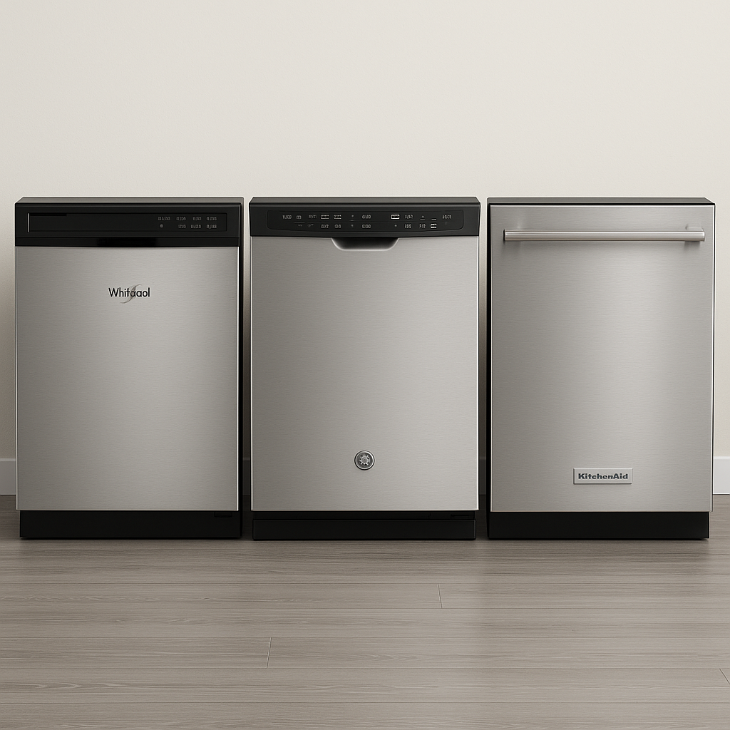 Popular dishwasher brands serviced by SparkPoint - Whirlpool, GE, and KitchenAid models displayed side by side