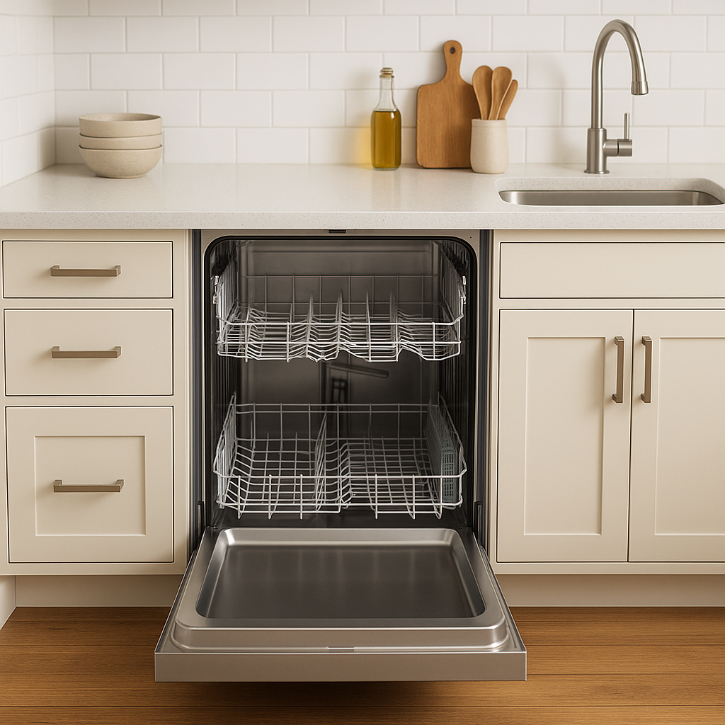 Open dishwasher in modern kitchen showing interior racks and components - professional repair services available