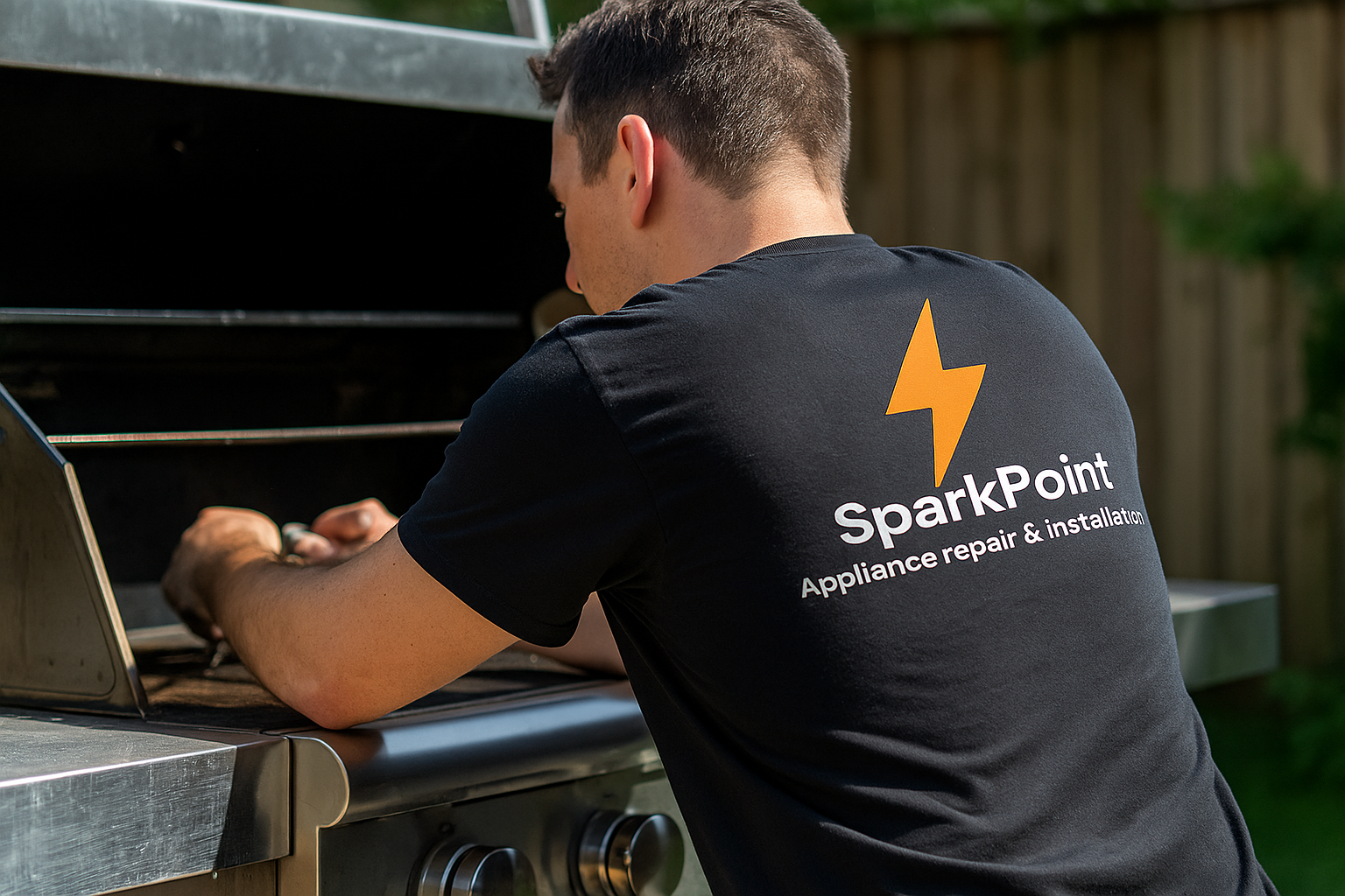 SparkPoint technician performing maintenance and repair on stainless steel outdoor barbecue grill