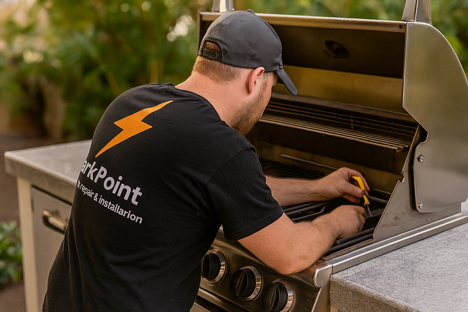 Professional technician repairing built-in stainless steel outdoor grill with precision tools