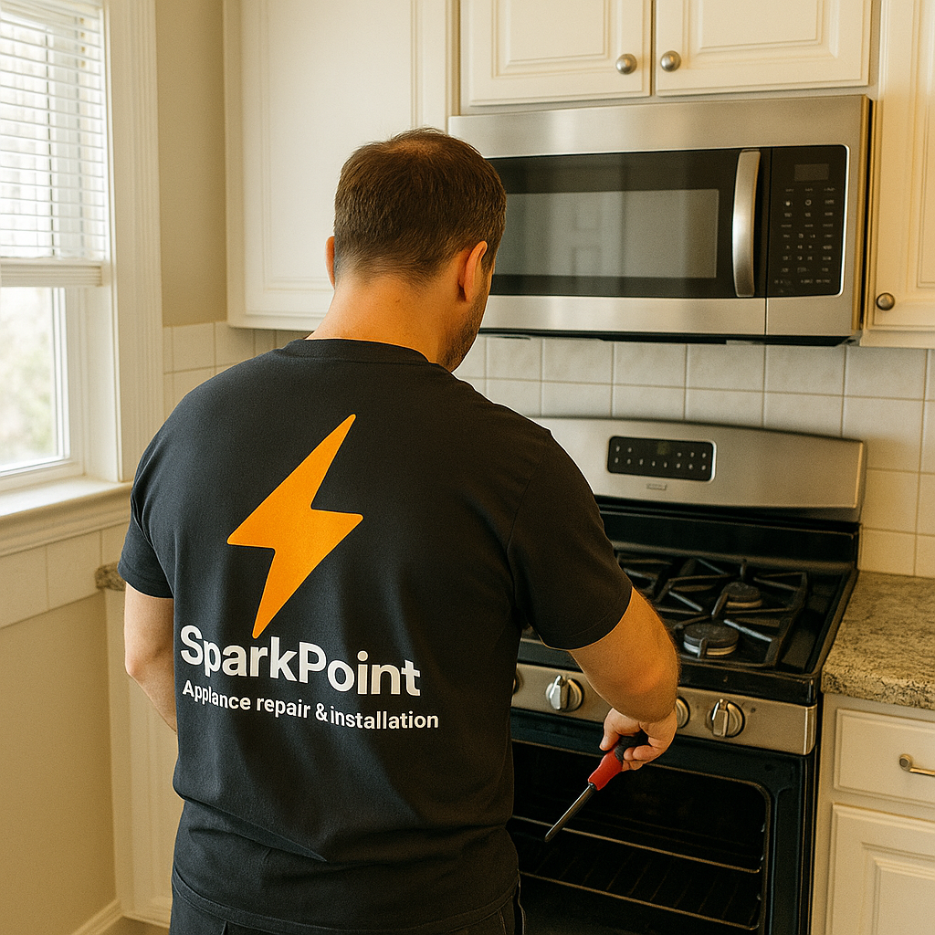 SparkPoint technician in branded uniform working on kitchen appliances
