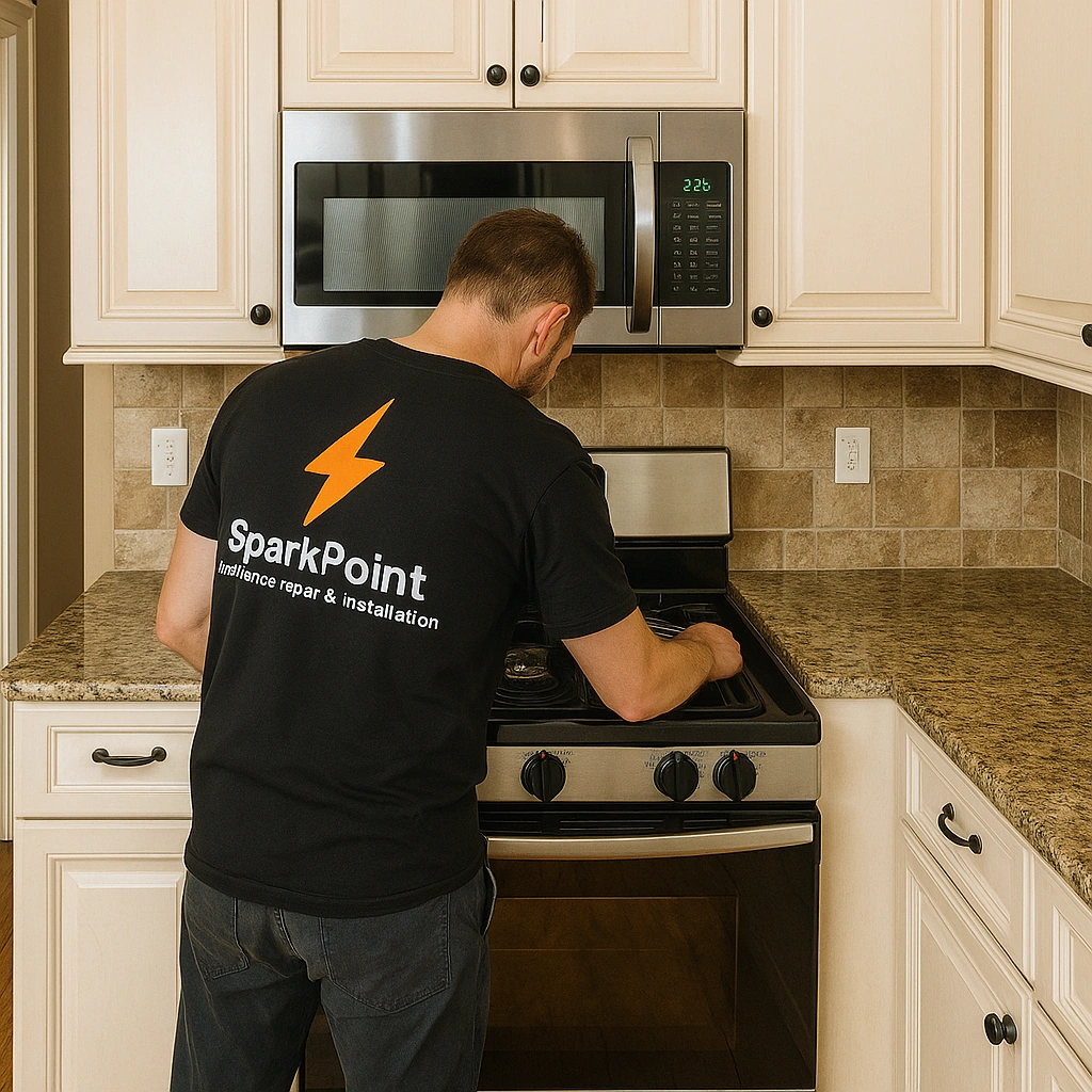SparkPoint technician in branded uniform repairing gas stove in modern kitchen
