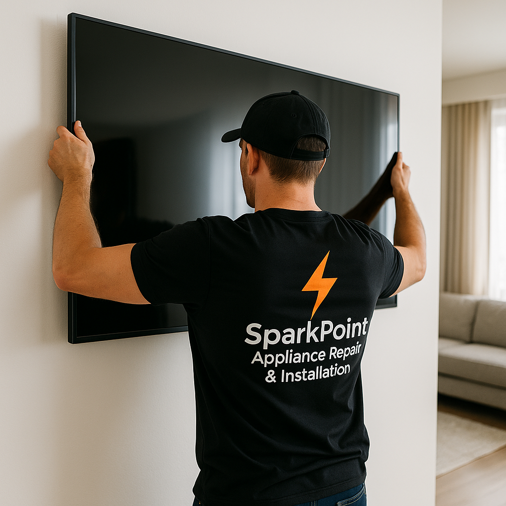 SparkPoint technician mounting flat-screen TV on wall in modern NYC living room