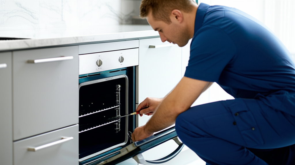 Professional oven repair technician servicing modern kitchen oven